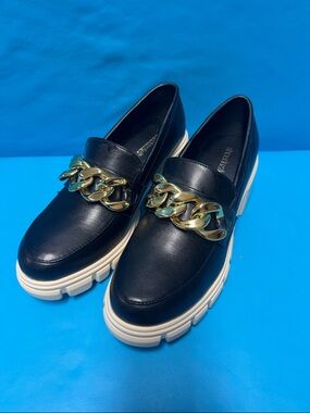 Ella Black Platform Loafers with Gold Chain Detail